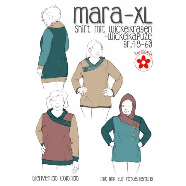 farbenmix & bienvenido colorido MARA XL Longshirt mit Wickelkragen-Kapuze / Shirt, Gr. 48-60