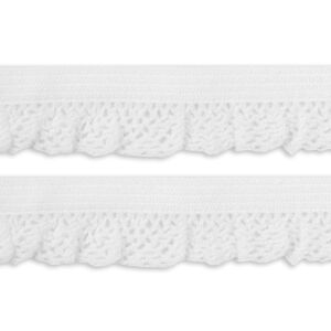 elastische Rüsche mit Häkelwellen - weiß, 14mm breit