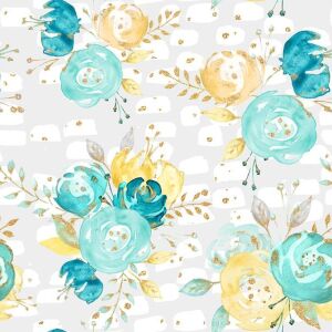 Bio-Jersey, flowers on grey, gold mint collection