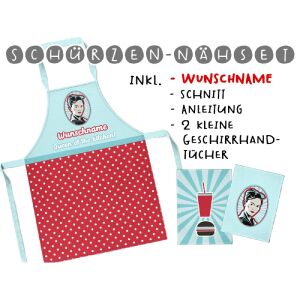 Nähset Schürze mit WUNSCHNAME + 2 Geschirrtücher, Queen of kitchen, inkl. Schnittmuster + Anleitung