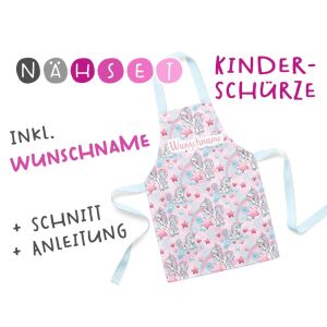 Nähset Kinder-Schürze mit WUNSCHNAME, Ella Einhorn II, inkl. Schnittmuster + Anleitung