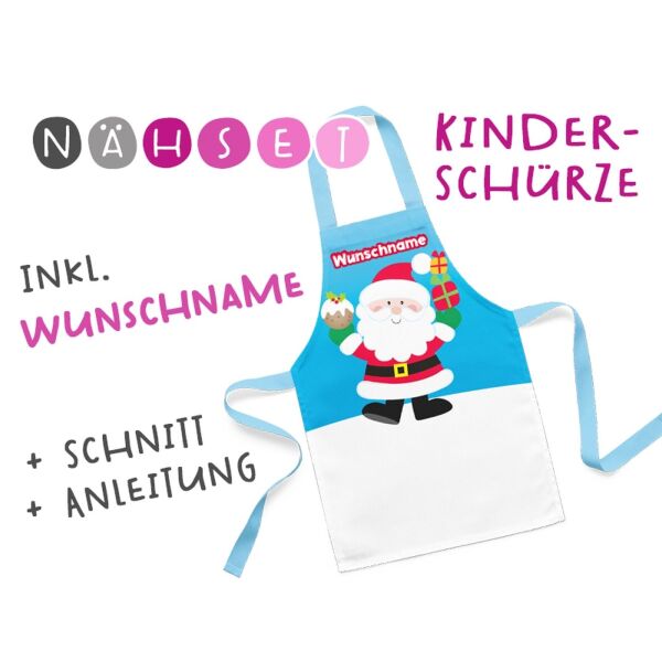 Nähset Kinder-Schürze mit WUNSCHNAME, Weihnachtsmann, inkl. Schnittmuster + Anleitung
