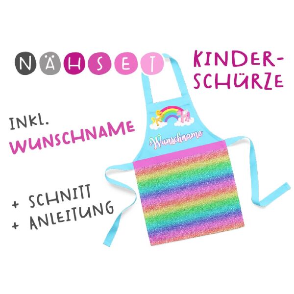 Nähset Kinder-Schürze mit WUNSCHNAME, Regenbogen Pferde, inkl. Schnittmuster + Anleitung