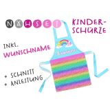 Nähset Kinder-Schürze mit WUNSCHNAME, Regenbogen Pferde, inkl. Schnittmuster + Anleitung