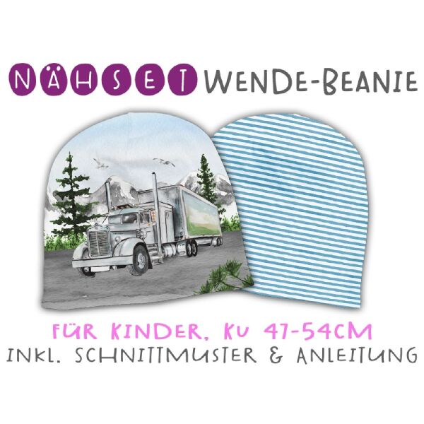 Nähset Wende-Beanie, KU 47-54cm, Trucks, Bio-Jersey