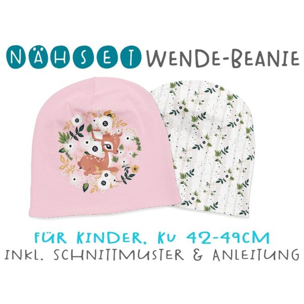Nähset Wende-Beanie, KU 42-49cm, Rehkitz, Bio-Jersey
