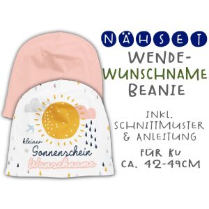 Nähset Wende-Beanie mit Wunschname, KU 42-49cm, Regenbogen Girls, Bio-Jersey