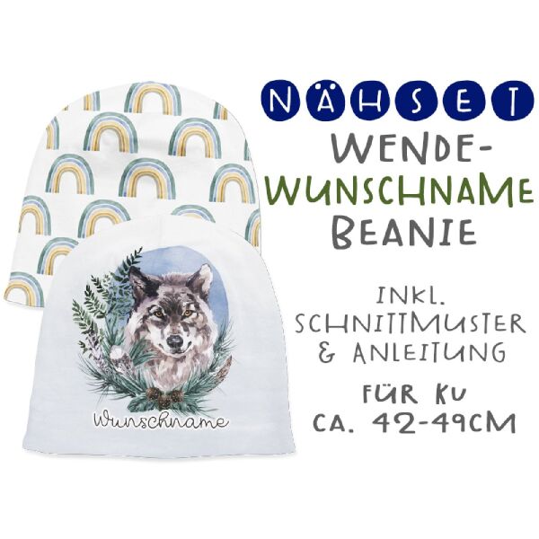 Nähset Wende-Beanie mit Wunschname, KU 42-49cm, Wolf, Bio-Jersey, rainbow animals by Biobox