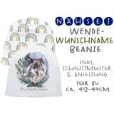 Nähset Wende-Beanie mit Wunschname, KU 42-49cm, Wolf, Bio-Jersey, rainbow animals