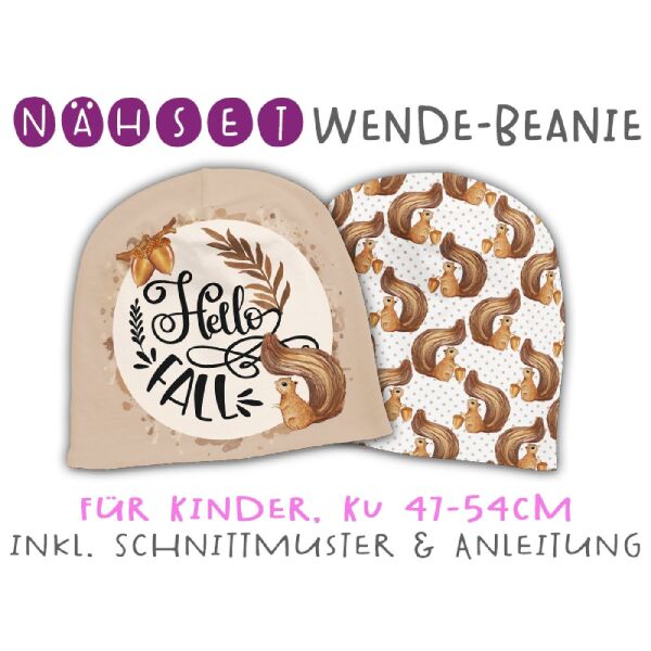 Nähset Wende-Beanie, KU 47-54cm, Eichhörnchen, Bio-Jersey, hello fall