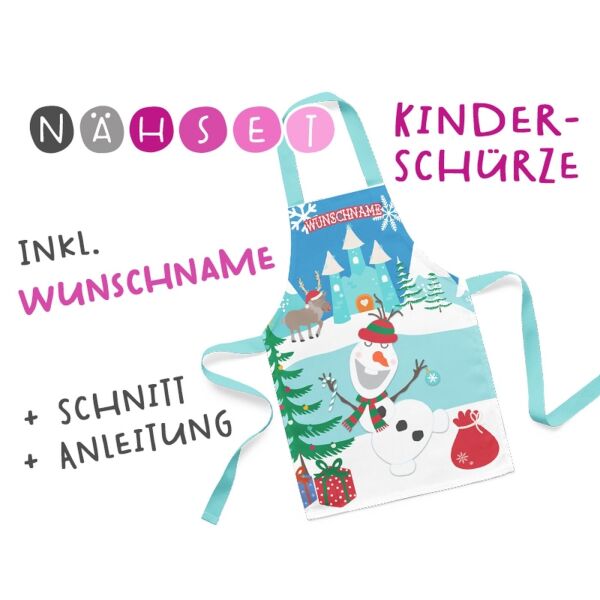 Nähset Kinder-Schürze mit WUNSCHNAME, Schneemann inkl. Schnittmuster + Anleitung