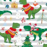 XMAS Dinos, Dinosaurier auf Streifen grau, BIO-Jersey, Weihnachten