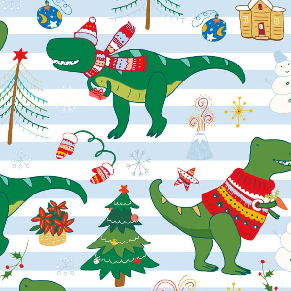 XMAS Dinos, Dinosaurier auf Streifen blau, BIO-Jersey, Weihnachten
