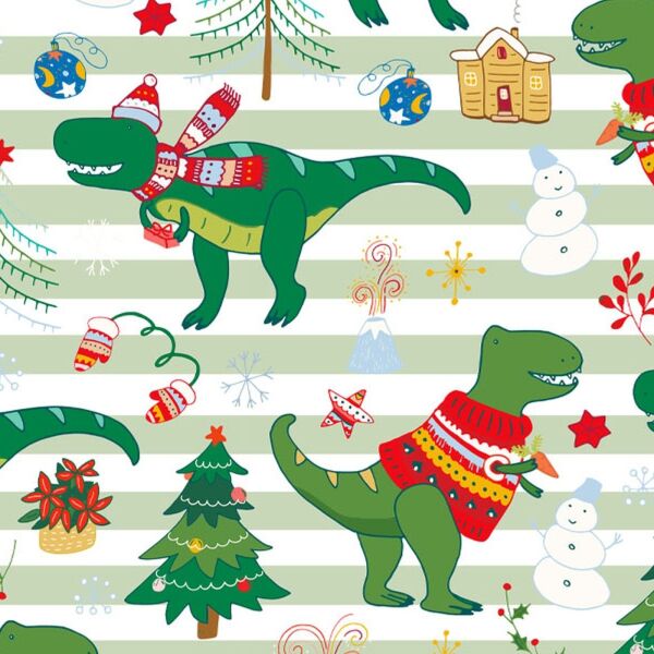 XMAS Dinos, Dinosaurier auf Streifen grün, BIO-Jersey, Weihnachten