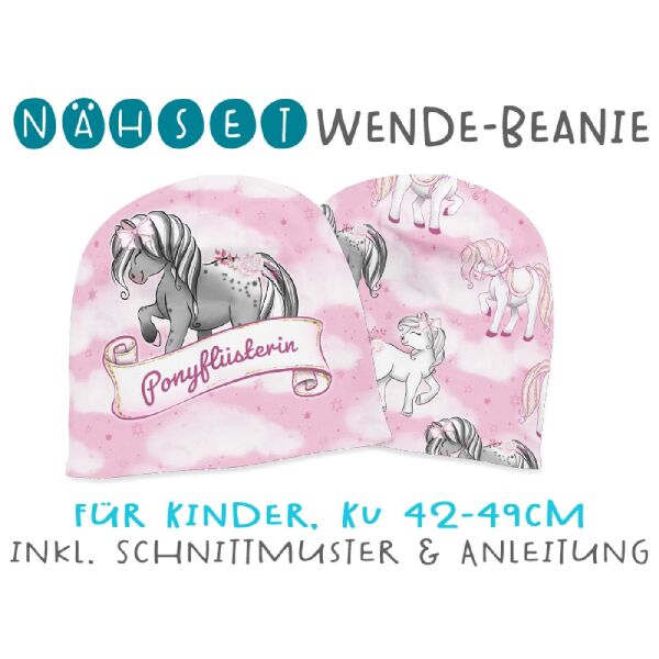 Nähset Wende-Beanie, KU 42-49cm, Ponyglück Vol. II, Wolken, Bio-Jersey