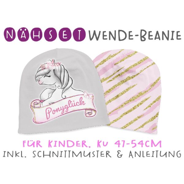 Nähset Wende-Beanie, KU 47-54cm, Ponyglück Vol. II, Grau, Bio-Jersey