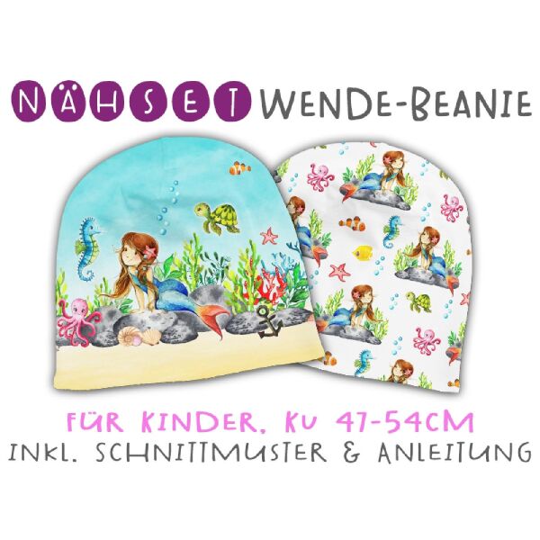 Nähset Wende-Beanie, Bio-Jersey, KU 47-54cm, Meerjungfrau