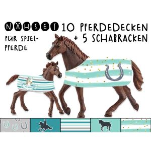 15-tlg. Nähset Schleich Spielpferde Decken (10 Stück) & Schabracken (5 Stück), Ponyflüsterin Bio-Jersey