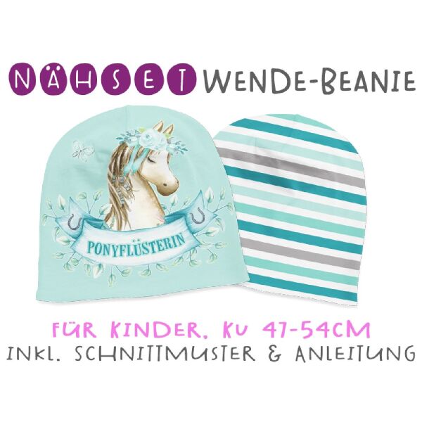 Nähset Wende-Beanie, KU 47-54cm, Ponyflüsterin, Bio-Jersey