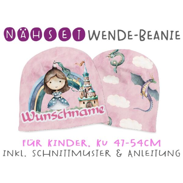 Nähset Wende-Beanie mit Wunschname, KU 47-54cm, Once upon a time, prinzessin, Bio-Jersey, rainbow animals