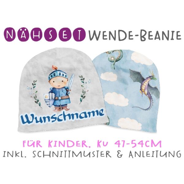 Nähset Wende-Beanie mit Wunschname, KU 47-54cm, Once upon a time, ritter, Bio-Jersey, rainbow animals