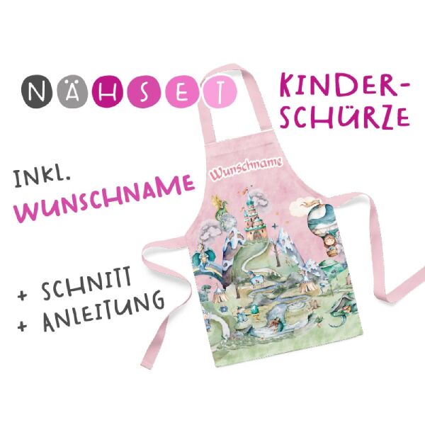 Nähset Kinder-Schürze mit WUNSCHNAME, Once upon a time, prinzessin, inkl. Schnittmuster + Anleitung
