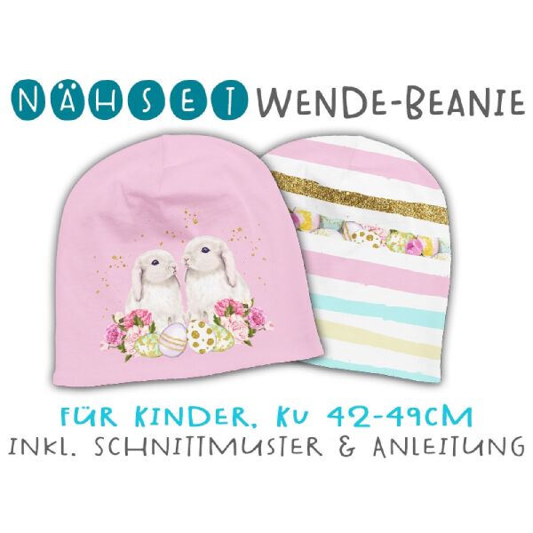 Nähset Wende-Beanie, KU 42-49cm, Hab-dich-lieb-Hasen, Bio-Jersey