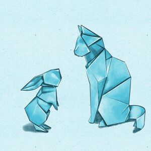 Bio-Jersey Panel, Folded Paper, Hase und Katze, Blau