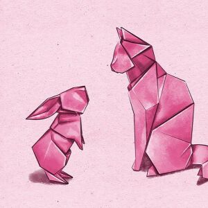 Bio-Jersey Panel, Folded Paper, Hase und Katze, Pink