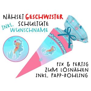 Nähset Geschwister-Schultüte WUNSCHNAME Meerjungfrau mit Rohling, mit Wunschname