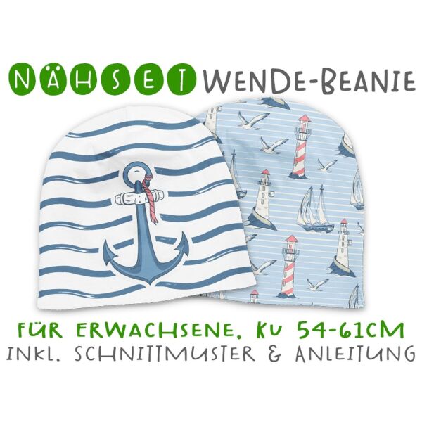 Nähset Erwachsenen Wende-Beanie, KU 54-61cm, Ocean Breeze, Anker, Bio-Jersey