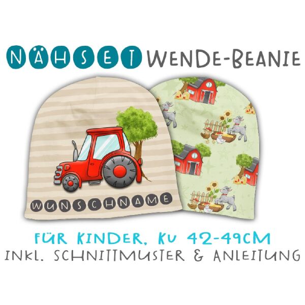 Nähset Wende-Beanie mit Wunschname, KU 42-49cm, Auf dem Bauernhof, Bio-Jersey