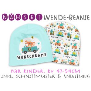 Nähset Wende-Beanie mit Wunschname, KU 47-54cm, Monster...