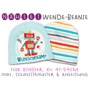 Nähset Wende-Beanie mit Wunschname, KU 47-54cm, Robbie...