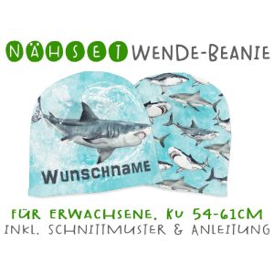 Nähset Wende-Beanie mit Wunschname, KU 54-61cm, Sharks,...