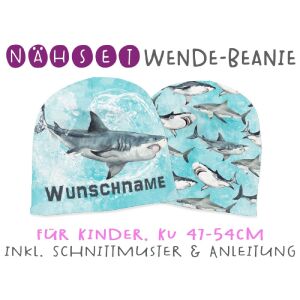 Nähset Wende-Beanie mit Wunschname, KU 47-54cm, Sharks,...