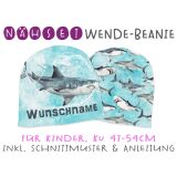 Nähset Wende-Beanie mit Wunschname, KU 47-54cm, Sharks, Bio-Jersey