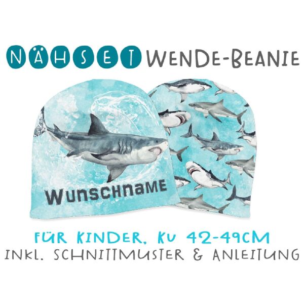 Nähset Wende-Beanie mit Wunschname, KU 42-49cm, Sharks, Bio-Jersey
