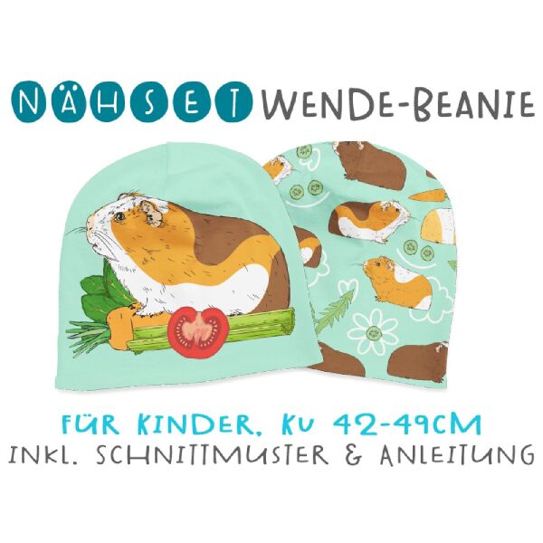 Nähset Wende-Beanie, KU 42-49cm, Meerschweinchen, Türkis, Bio-Jersey
