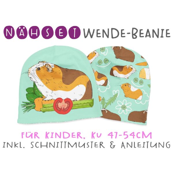 Nähset Wende-Beanie, KU 47-54cm, Meerschweinchen, Türkis, Bio-Jersey