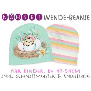 Nähset Wende-Beanie, KU 42-49cm, kleines Küken, Bio-Jersey