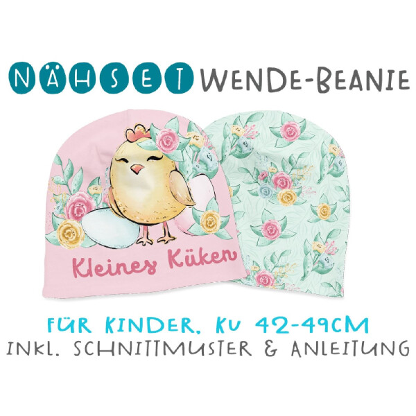Nähset Wende-Beanie, KU 42-49cm, Küken, kleines Küken, Bio-Jersey