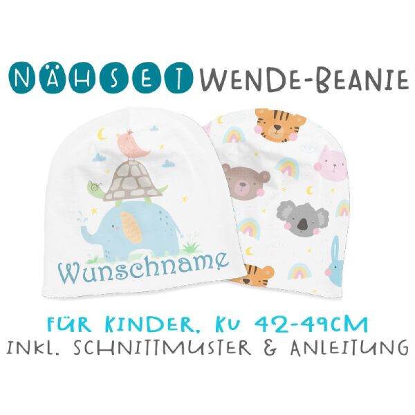 Nähset Wende-Beanie mit Wunschname, KU 42-49cm, Baby Safari, Bio-Jersey