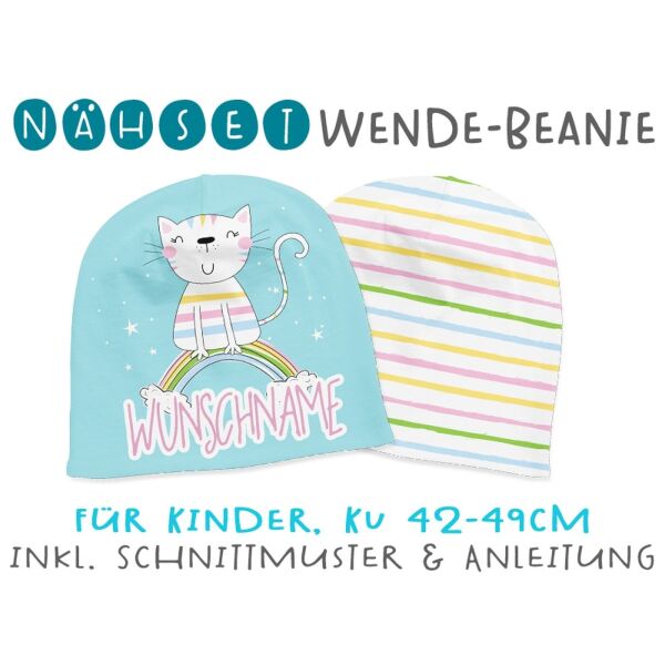 Nähset Wende-Beanie mit Wunschname, KU 42-49cm, Furry Friends, Bio-Jersey