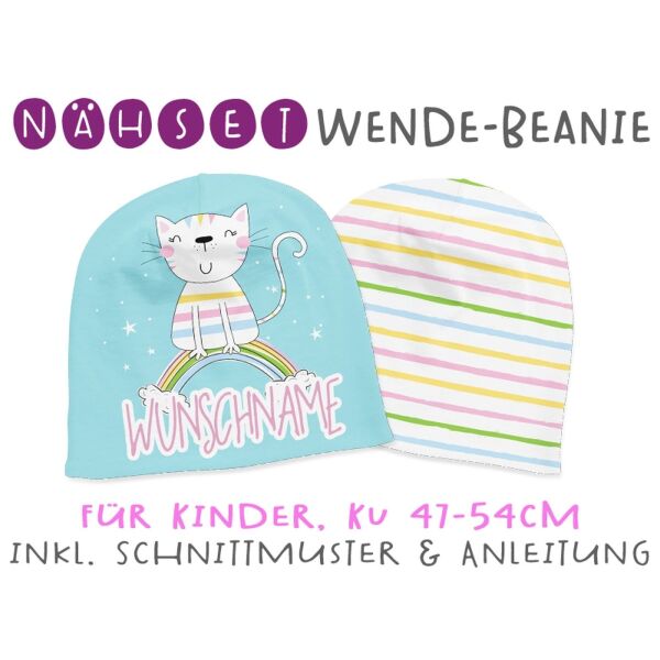 Nähset Wende-Beanie mit Wunschname, KU 47-54cm, Furry Friends, Bio-Jersey