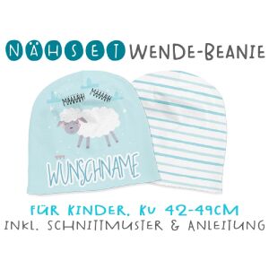 Nähset Wende-Beanie mit Wunschname, KU 42-49cm, Furry...