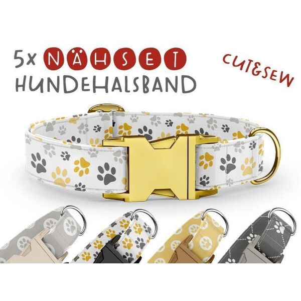 Nähset Hundehalsband - Tatzen grau senf - 5 Stück pro Set / 3 Größen zur Auswahl