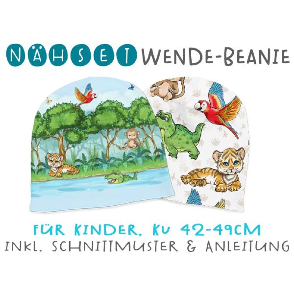 Nähset Wende-Beanie, KU 42-49cm, Im Regenwald, Bio-Jersey