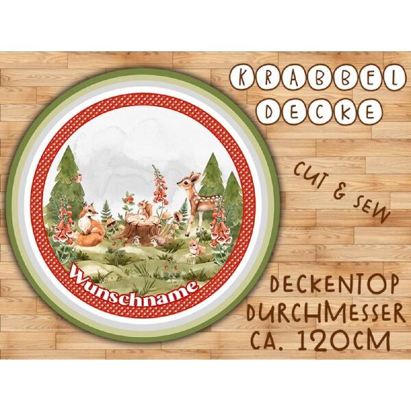 Hochw. BIO-Krabbeldecke Wunschname / Krabbeldeckentop, rund 120cm, Im Wald, weiche, ägyptische Baumwolle