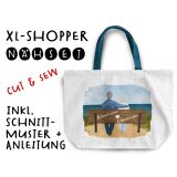 Nähset XL Shopper-Bag Oma & Opa auf der Bank, Wunschnamen + Wunschfrisuren, inkl. Schnittmuster